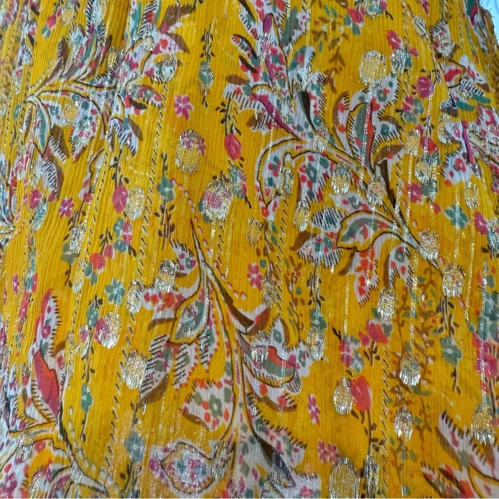 THE KOOPLES FEUILLE D’OR SILK FLORAL METALLIC GOLD YELLOW LONG SLEEVE MINI DRESS - Picture 8 of 15